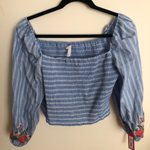 blue and white striped crop top with floral detail - Picture 1 of 2